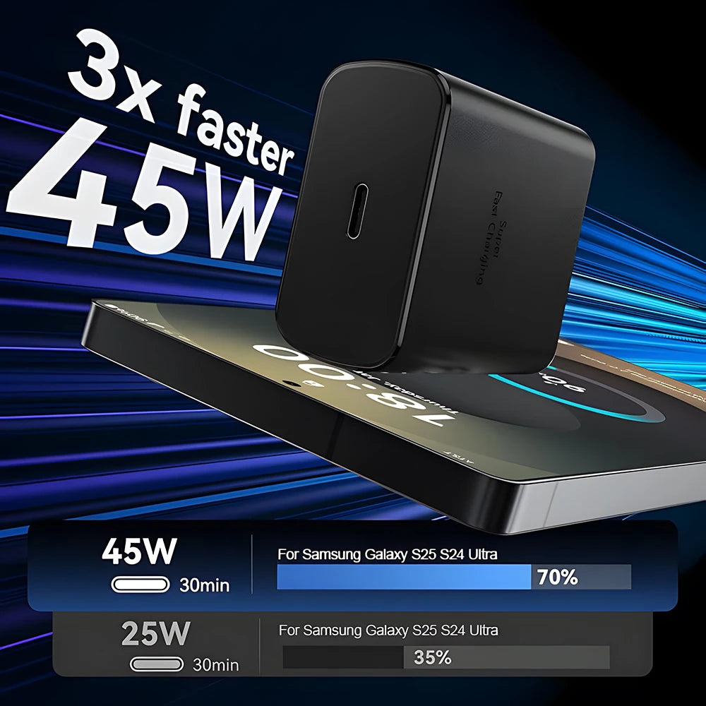 45W Super Fast Charger & USB-C Data Cable - Portable Adapter for Samsung Galaxy S24/S23/S22/S25 Ultra/S21 Plus/Note 20