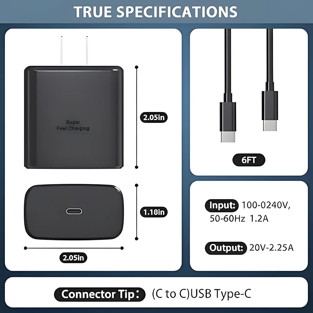 45W Super Fast Charger & USB-C Data Cable - Portable Adapter for Samsung Galaxy S24/S23/S22/S25 Ultra/S21 Plus/Note 20