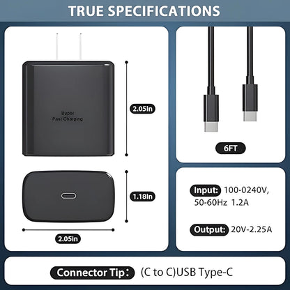 45W Super Fast Charger & USB-C Data Cable - Portable Adapter for Samsung Galaxy S24/S23/S22/S25 Ultra/S21 Plus/Note 20