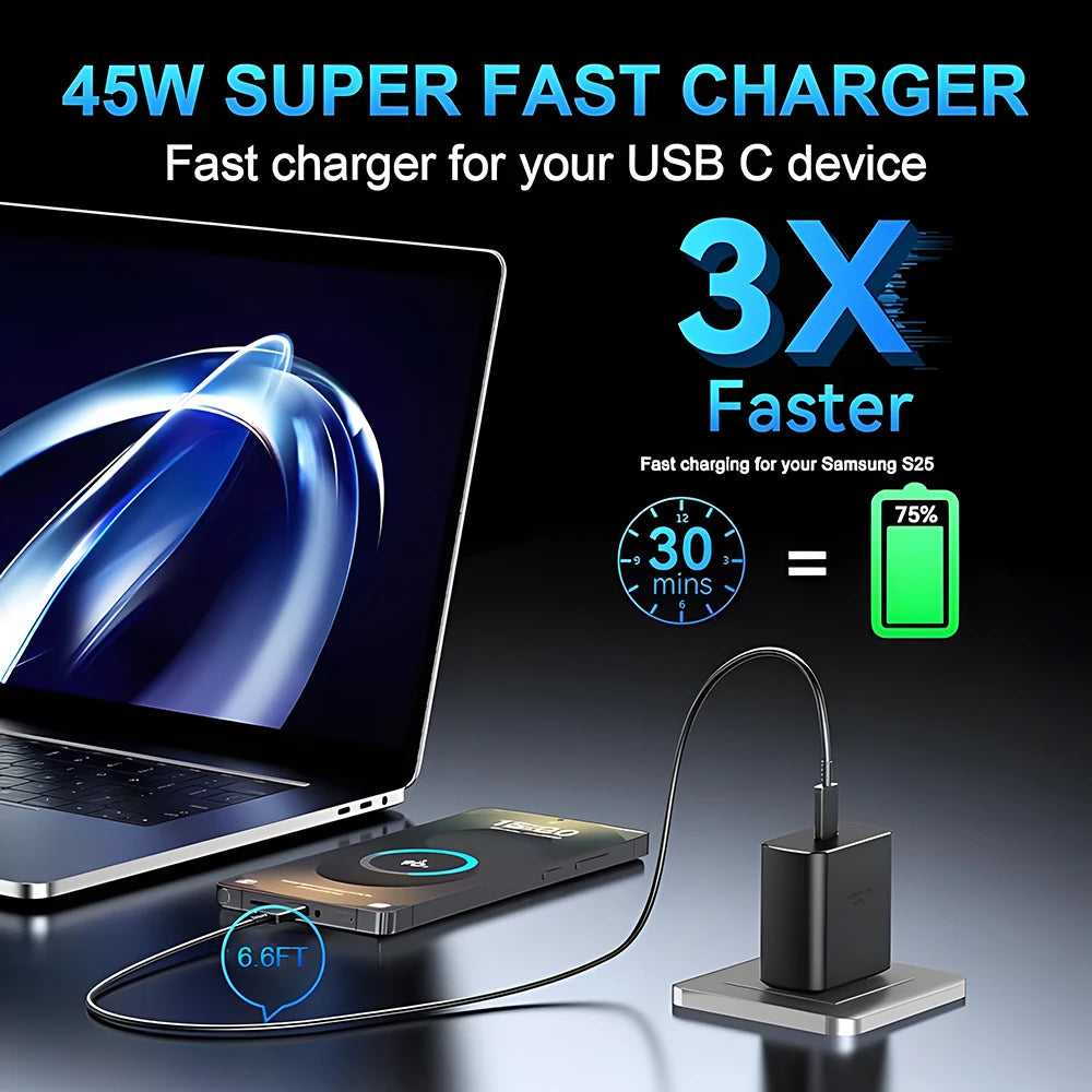 45W Super Fast Charger & USB-C Data Cable - Portable Adapter for Samsung Galaxy S24/S23/S22/S25 Ultra/S21 Plus/Note 20